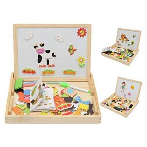תיבת למידה מעץ עם לוח מחיק וחלקים מגנטים