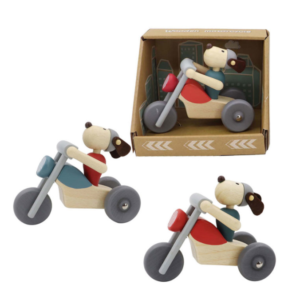 אופנוע גלגלים מעץ עם דמות של כלב מונטסורי