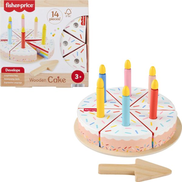 סט משחקי קישוט והגשה עוגה מעץ בן 14 חלקים של Fisher-Price