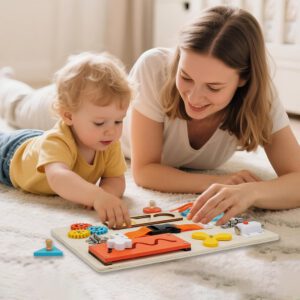 לוח עיסוק צעצוע חושי מעץ 9 ב-1 לכישורים מוטוריים עדינים