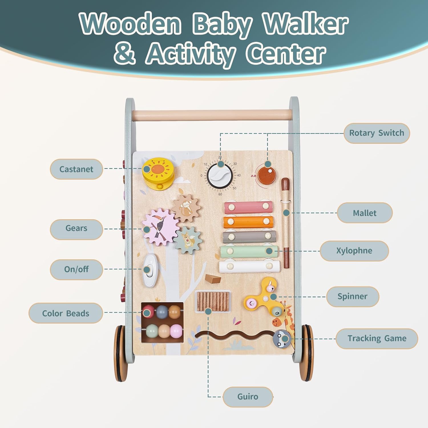 הליכון עם גלגלים + מרכז פעילות לתינוקות מעץ מונטסורי – תמונה 3