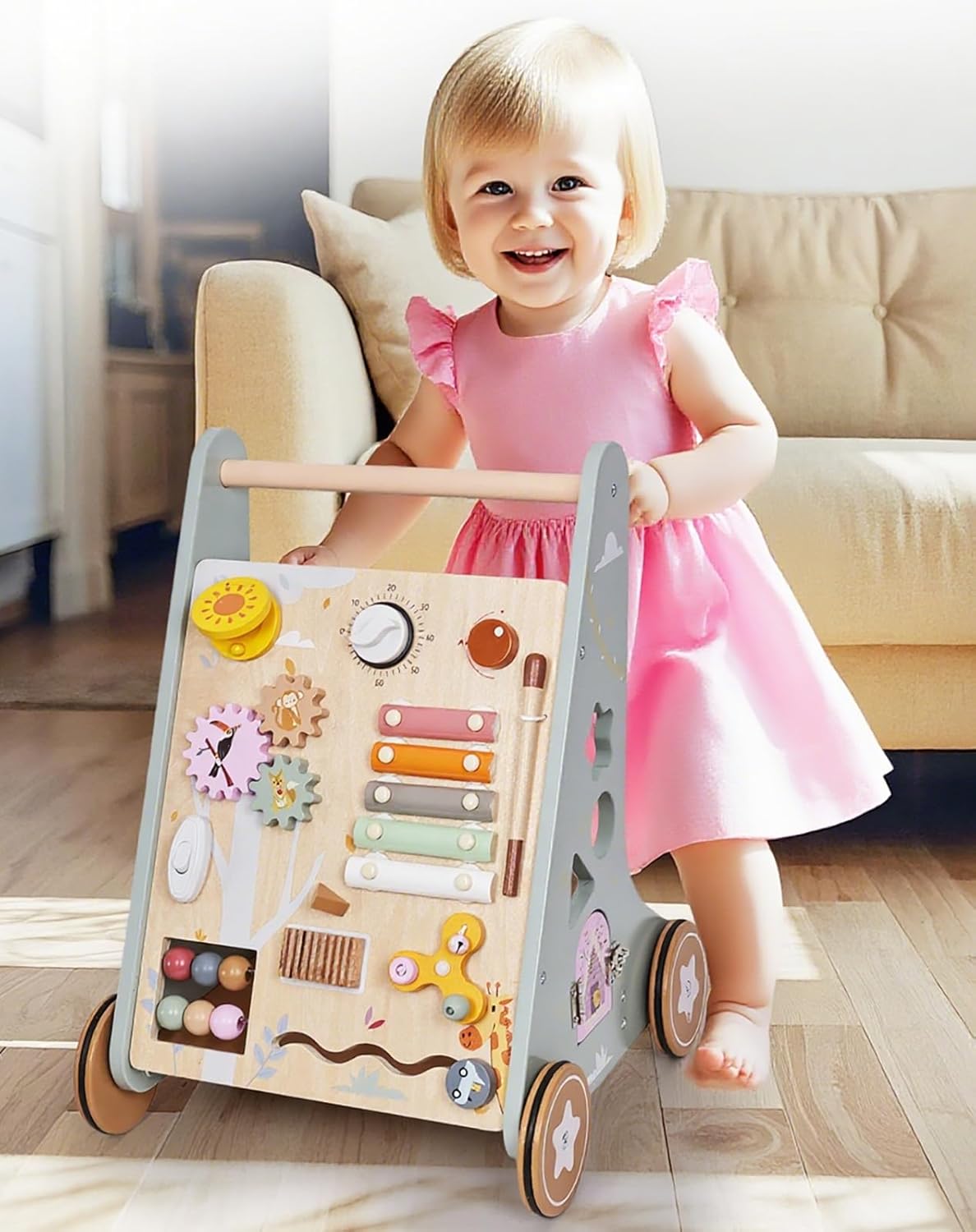 הליכון עם גלגלים + מרכז פעילות לתינוקות מעץ מונטסורי