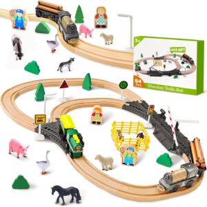 סט רכבת ומסילות עץ רכבת  כפרית מעץ 54 יחידות