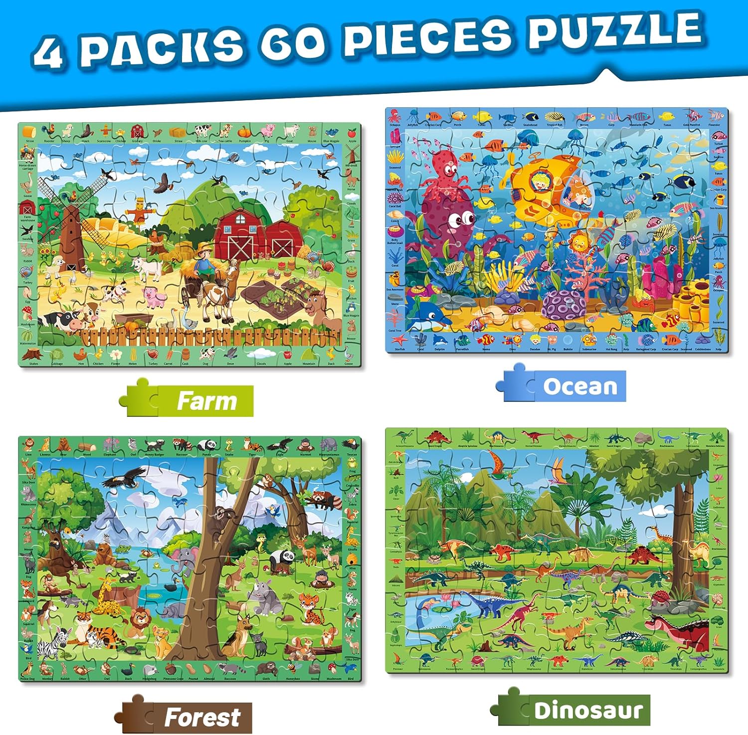 פאזלים לילדים 4 יחידות פאזל עץ דינוזאור + חווה + יער חיות + אוקיינוס עולם – תמונה 2