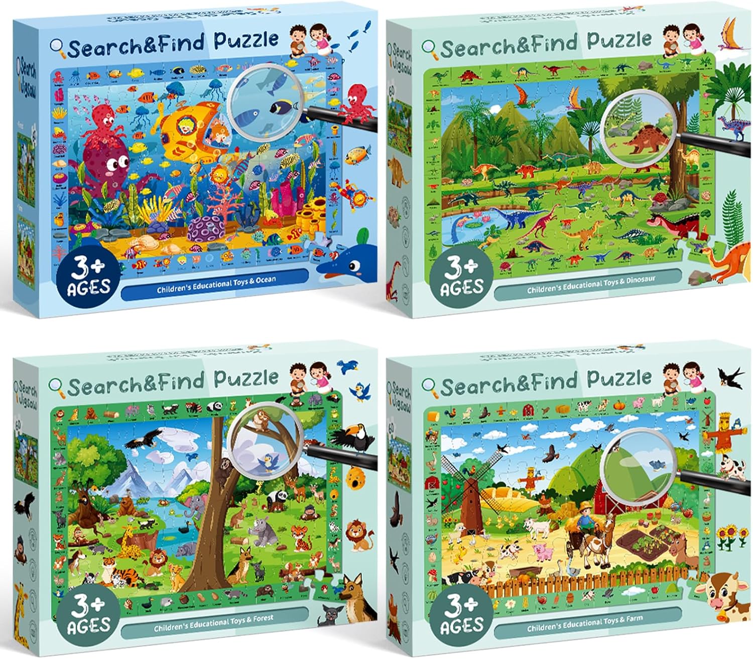 פאזלים לילדים 4 יחידות פאזל עץ דינוזאור + חווה + יער חיות + אוקיינוס עולם