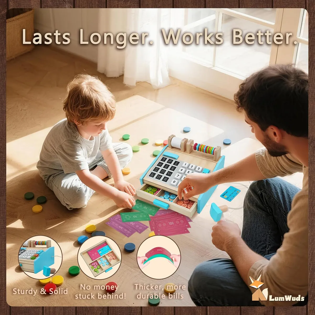 קופה רושמת מעץ עם סורק וכסף – תמונה 3