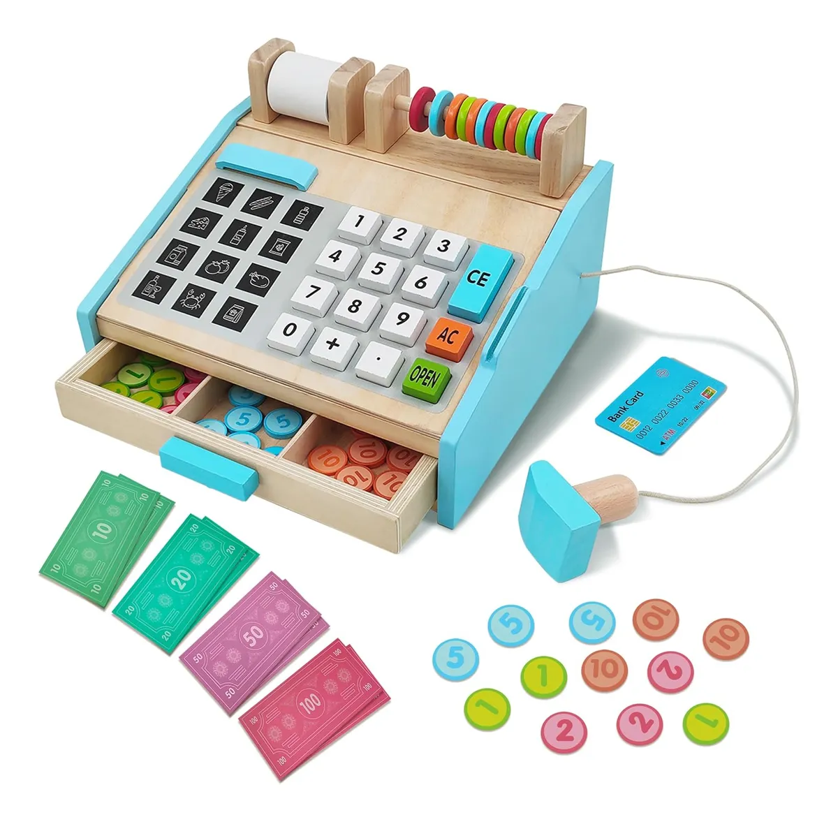 קופה רושמת מעץ עם סורק וכסף