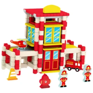 משחק לבנים  מעץ בניית בית לתחנת כיבוי אש