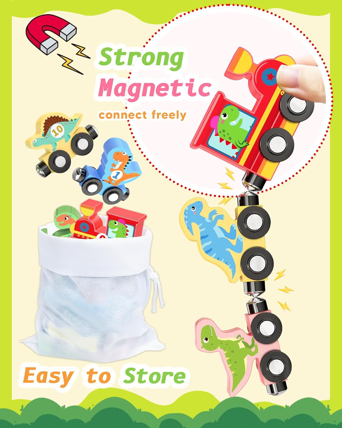 סט רכבת מגנטי של 11 דינוזאורים מעץ בסגנון מונטסורי – תמונה 4