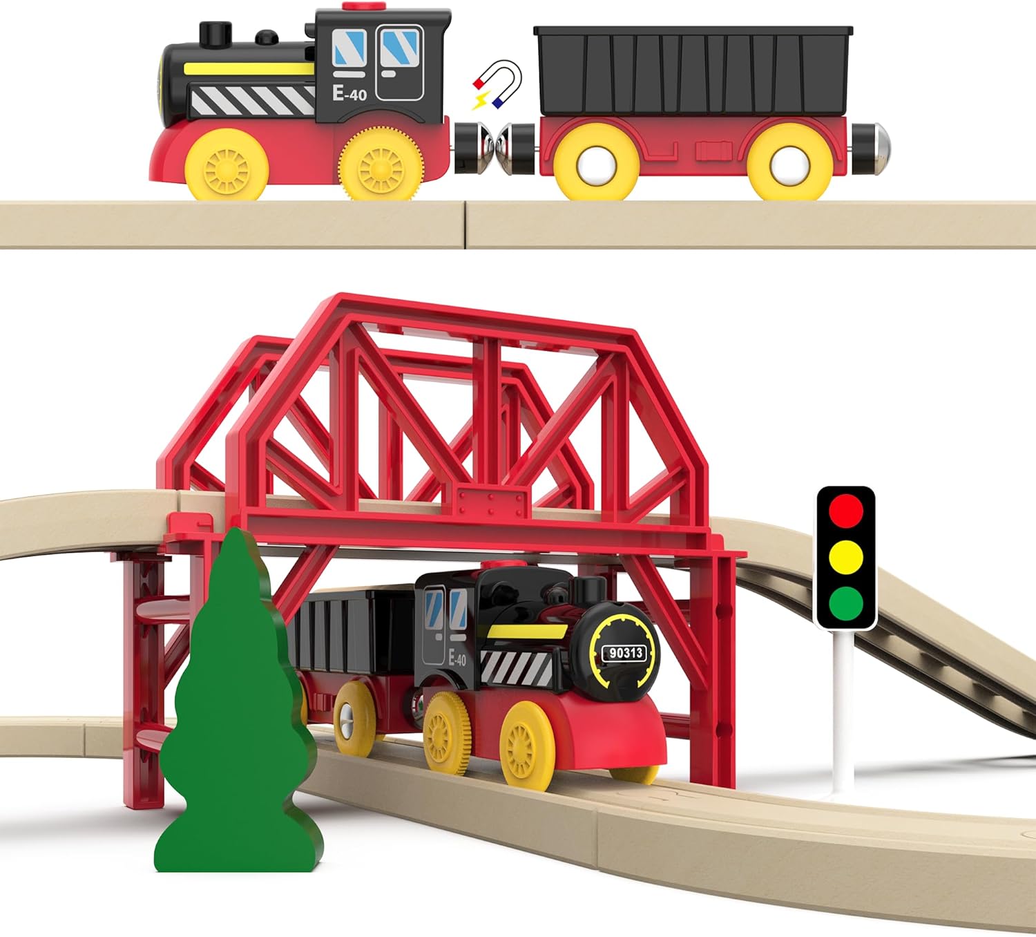 סט מסילות עץ של 41 חלקים רכבת חשמלית +קטר רכבת + גשר ומסוק – תמונה 2