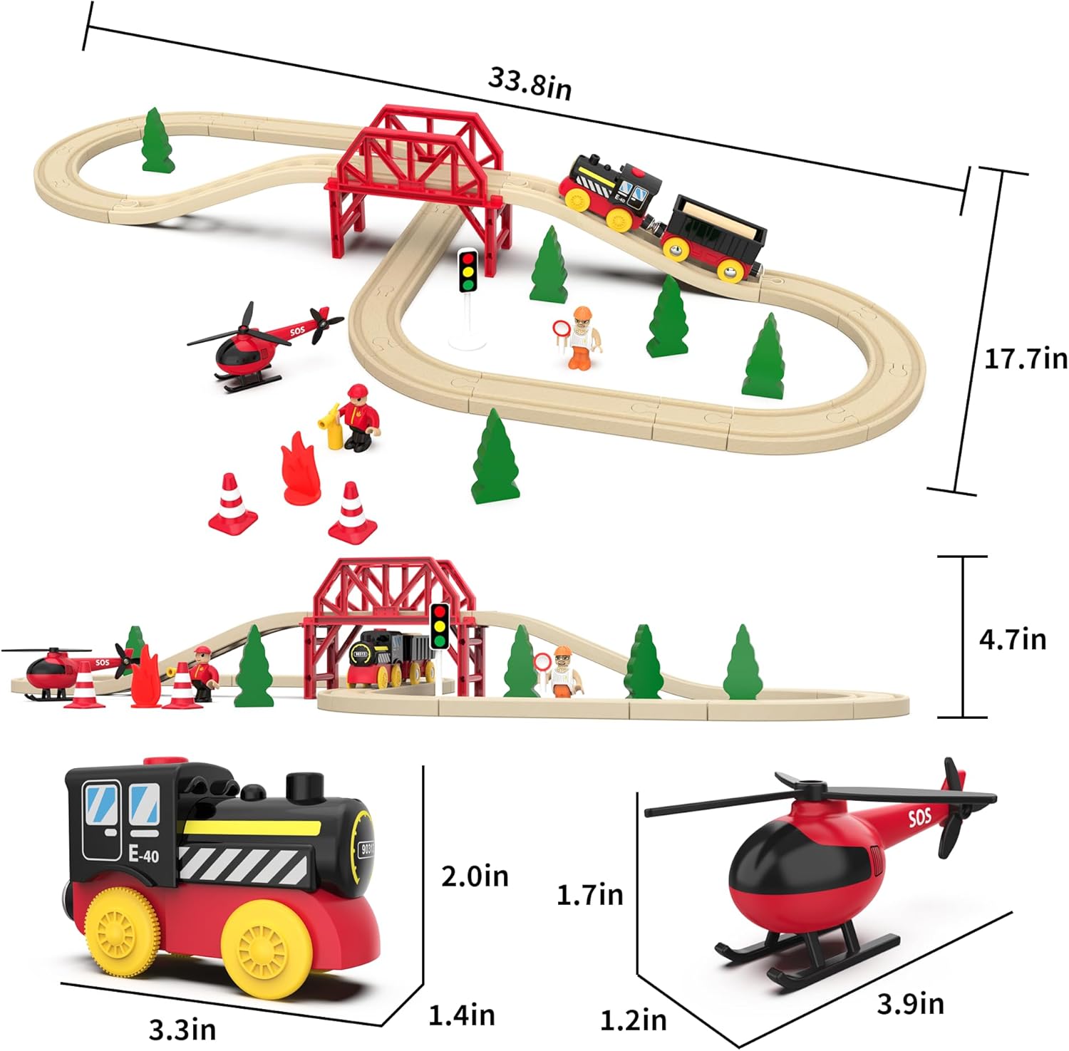 סט מסילות עץ של 41 חלקים רכבת חשמלית +קטר רכבת + גשר ומסוק – תמונה 4