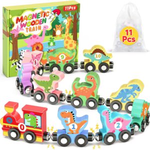 סט רכבת מגנטי של 11 דינוזאורים מעץ בסגנון מונטסורי