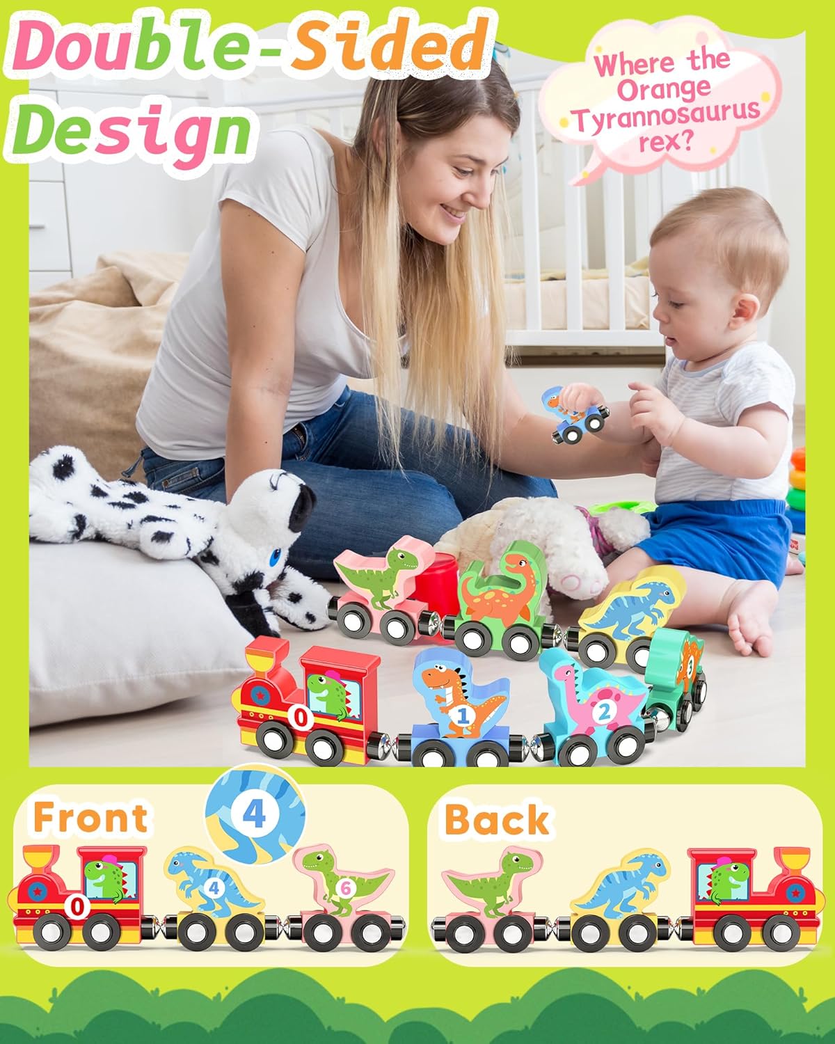 סט רכבת מגנטי של 11 דינוזאורים מעץ בסגנון מונטסורי – תמונה 3