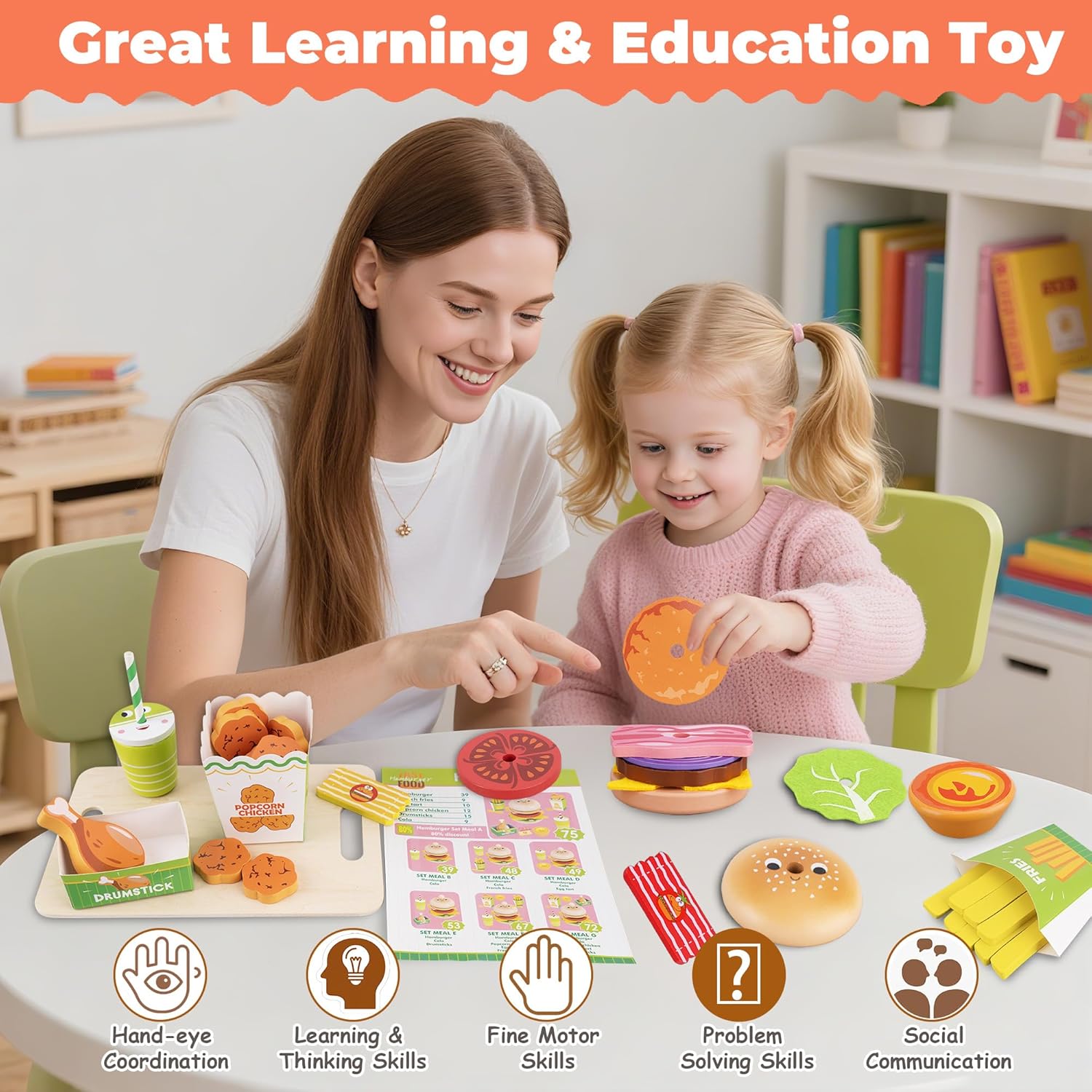 צעצועי מונטסורי משחקי דמיון סט מזון מהיר מעץ – תמונה 5