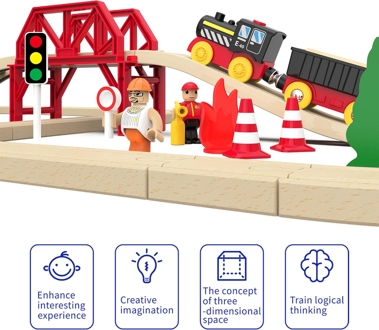 סט מסילות עץ של 41 חלקים רכבת חשמלית +קטר רכבת + גשר ומסוק – תמונה 3