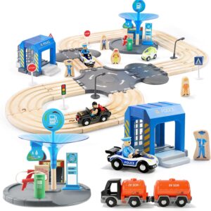 סט רכבת מעץ 59 חלקים מסילה כפולה תחנת משטרה עירונית